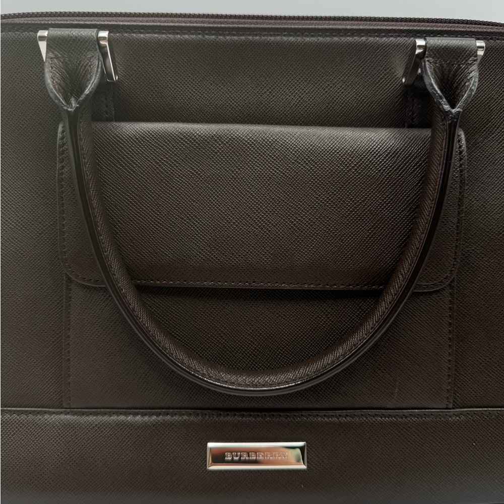 Burberry Brown Saffiano Leather Briefcase Top Handle Bag Nova Check Zip - Picture 4 of 10